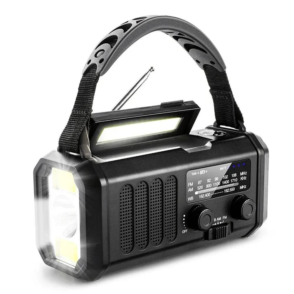 Radio Survivalowe 3w1 – panel słoneczny + korbka + powerbank