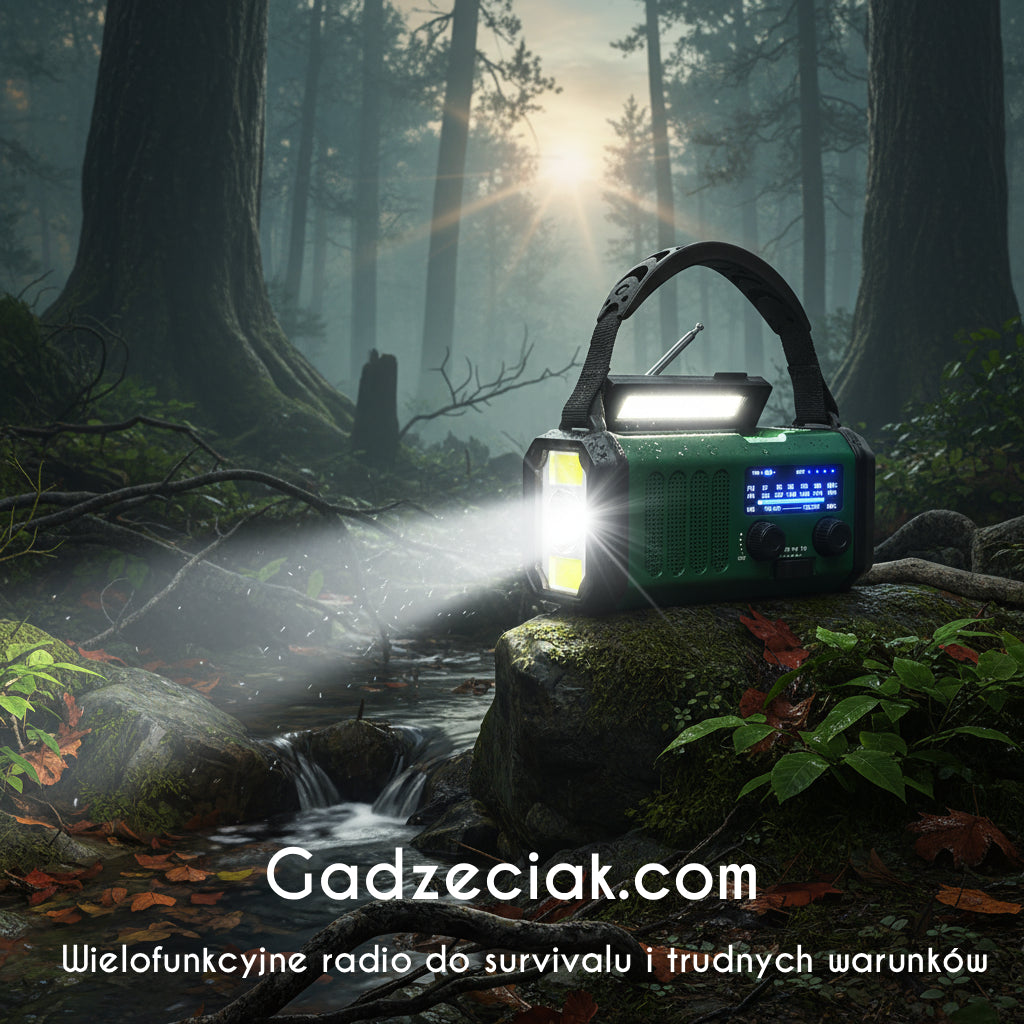 Radio Survivalowe 3w1 – panel słoneczny + korbka + powerbank